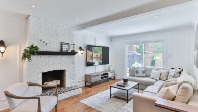 living room with white sofa and black flat screen tv